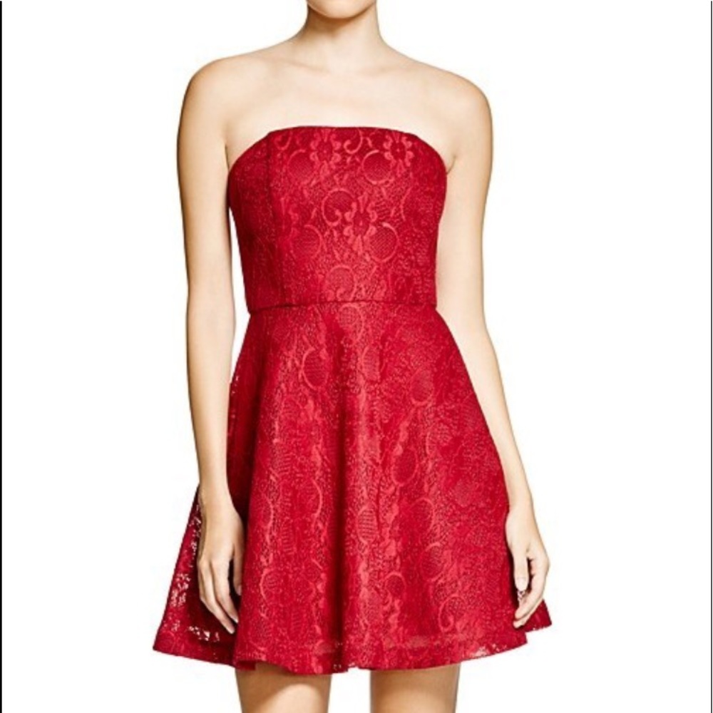 Aqua neoprene lace strapless flare dress. Size S.